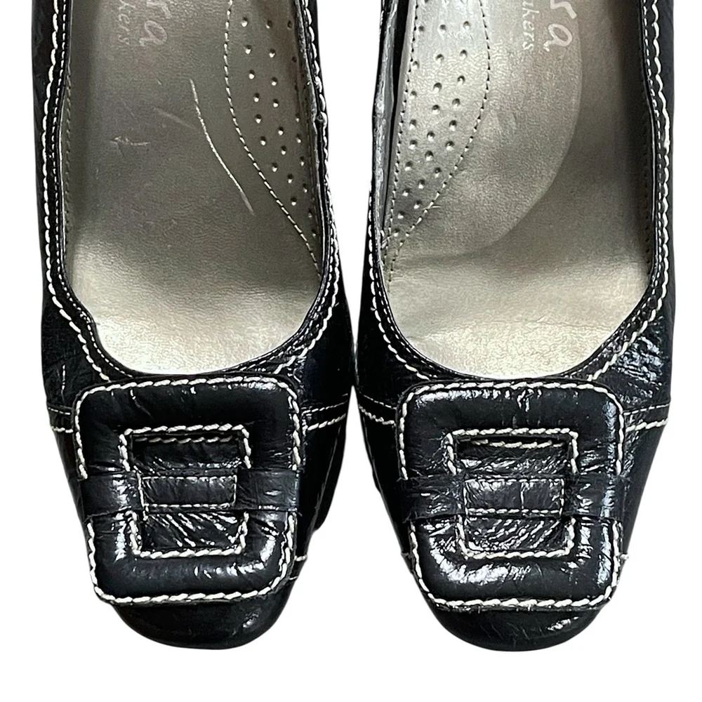 Italian Shoemakers Contesa Women 7 Pumps Square Toe Contrast Stitch Leather Blac